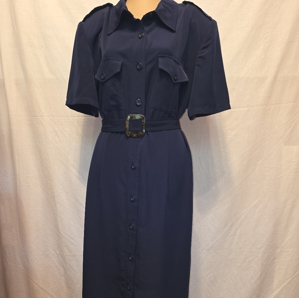 Navy Blue Belted Shirt Dress - Picture 2 of 12